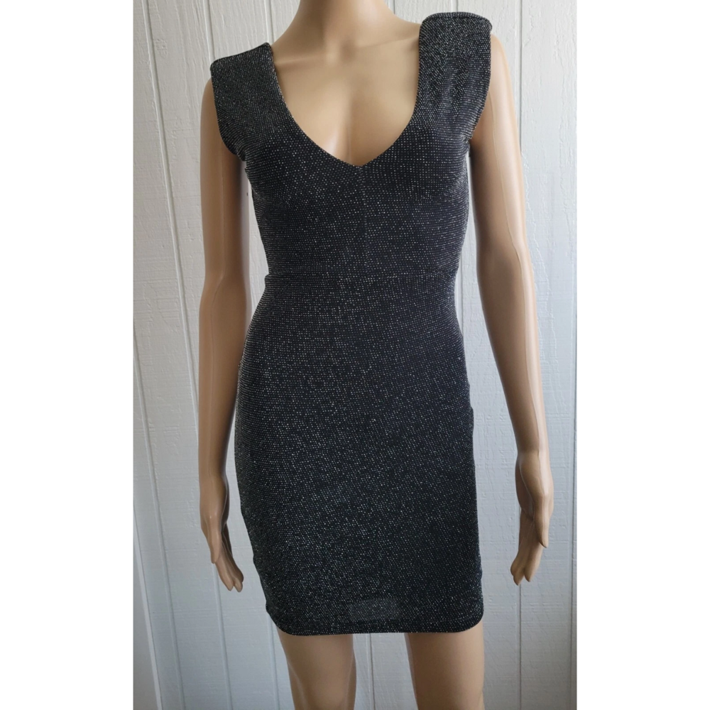 Forever 21 BodyCon Sparkly Dress Black with Silver Tread Lined Stretchy β#056 - Picture 6 of 13